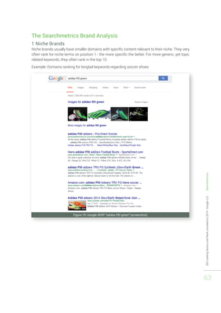 SEO ranking factors and Rank correlations 2014 - Google U.S. - Searchmetrics 
63 
The Searchmetrics Brand Analysis 
1 Niche Brands 
Niche brands usually have smaller domains with specific content relevant to their niche. They very 
often rank for niche terms on position 1 - the more specific the better. For more generic, yet topic 
related keywords, they often rank in the top 10. 
Example: Domains ranking for longtail keywords regarding soccer shoes 
Figure 70: Google SERP "adidas f50 green" (screenshot) 
 