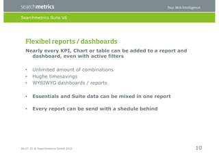 Searchmetrics Suite V6




  Flexibel reports / dashboards
  Nearly every KPI, Chart or table can be added to a report and
    dashboard, even with active filters

  •    Unlimited amount of combinations
  •    Hughe timesavings
  •    WYSIWYG dashboards / reports

  •    Essentials and Suite data can be mixed in one report

  •    Every report can be send with a shedule behind




06.07.12 ® Searchmetrics GmbH 2012                                10
 