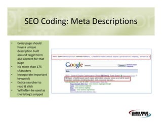 SEO Coding: Meta Descriptions
•

•
•
•
•

Every page should
have a unique
description built
around target term
and content for that
page
No more than 175
characters
Incorporate important
keywords
Entice searcher to
read & click
Will often be used as
the listing’s snippet

 