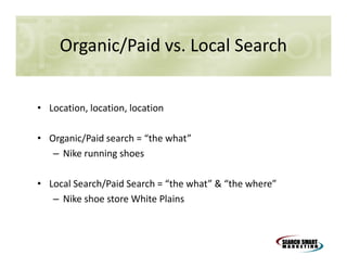 Organic/Paid vs. Local Search

• Location, location, location
• Organic/Paid search = “the what”
– Nike running shoes
• Local Search/Paid Search = “the what” & “the where”
– Nike shoe store White Plains

 
