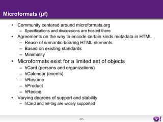 Microformats (μf) <ul><li>Community centered around microformats.org </li></ul><ul><ul><li>Specifications and discussions ...