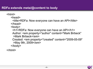 RDFa extends meta/@content to body <ul><li><html>  <head>    <title>RDFa: Now everyone can have an API</title>  </head>  <...