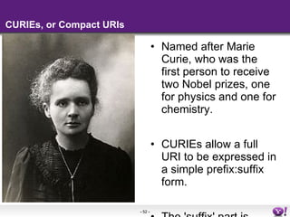 CURIEs, or Compact URIs <ul><li>Named after Marie Curie, who was the first person to receive two Nobel prizes, one for phy...