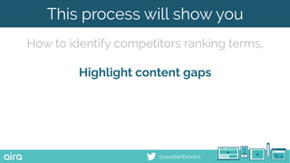 @seodanbrooks
This process will show you
How to identify competitors ranking terms,
Highlight content gaps
 
