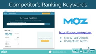 @seodanbrooks
Competitor’s Ranking Keywords
https://moz.com/explorer
● Free & Paid Options
● Competitors Terms
 