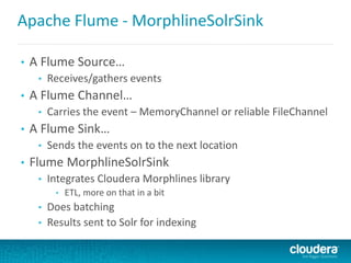 Apache Flume - MorphlineSolrSink
• A Flume Source…
• Receives/gathers events
• A Flume Channel…
• Carries the event – MemoryChannel or reliable FileChannel
• A Flume Sink…
• Sends the events on to the next location
• Flume MorphlineSolrSink
• Integrates Cloudera Morphlines library
• ETL, more on that in a bit
• Does batching
• Results sent to Solr for indexing
 