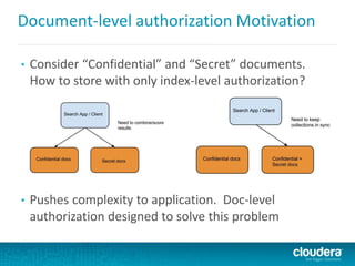 Document-level authorization Motivation
• Consider “Confidential” and “Secret” documents.
How to store with only index-level authorization?
• Pushes complexity to application. Doc-level
authorization designed to solve this problem
 