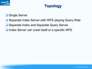 Topology Single Server Separate Index Server with WFE playing Query Role Separate Index and Separate Query Server Index Server can crawl itself or a specific WFE 