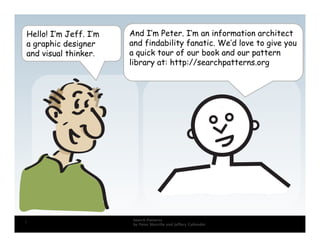 Hello! I’m Jeff. I’m   And I’m Peter. I’m an information architect
a graphic designer     and findability fanatic. We’d love to give you
and visual thinker.    a quick tour of our book and our pattern
                       library at: http://searchpatterns.org




                        Search Patterns
1
                        by Peter Morville and Jeffery Callender
 