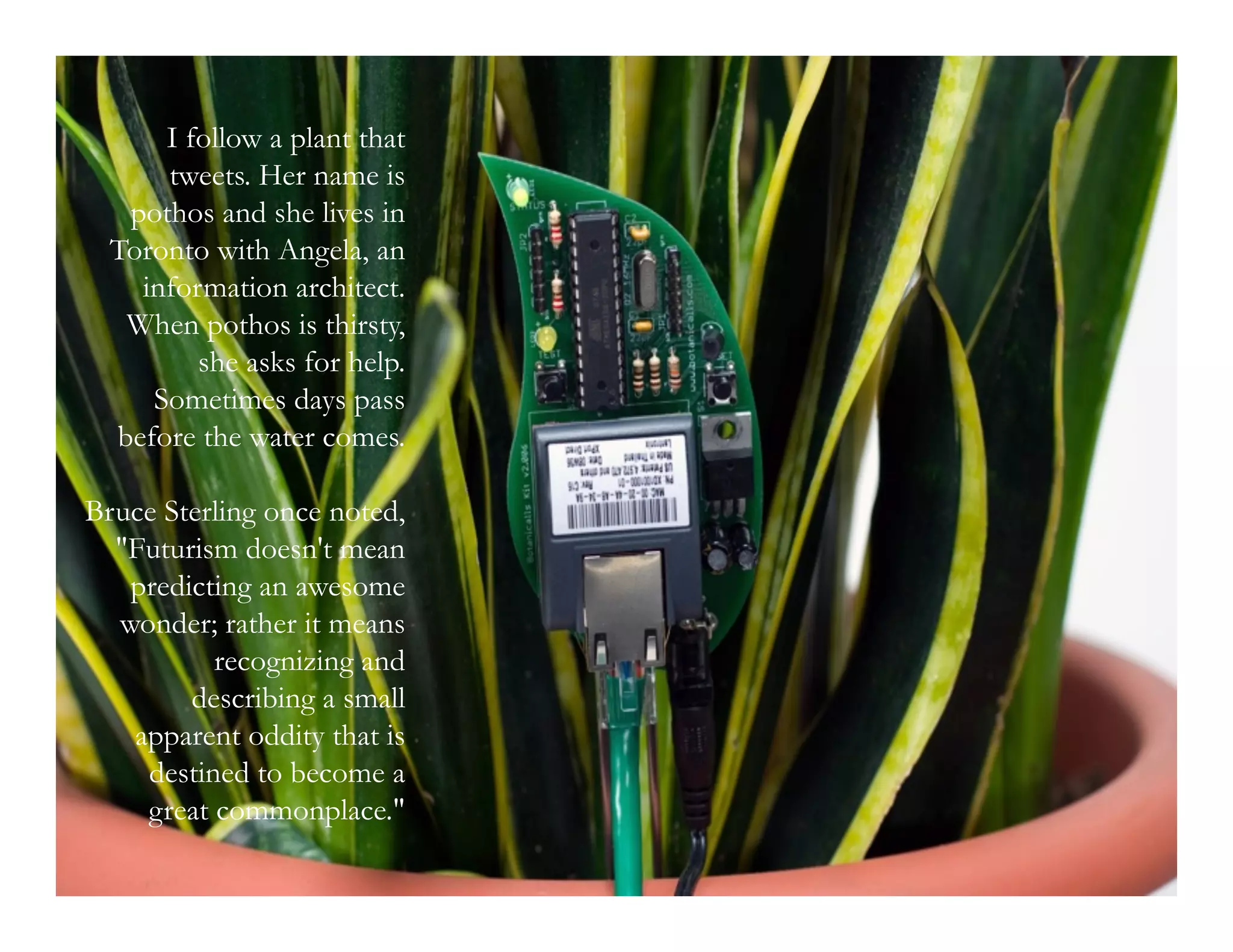 morville@semanticstudios.com

      I follow a plant that
      tweets. Her name is
   pothos and she lives in
  Toronto with Angela, an
    information architect.
   When pothos is thirsty,
         she asks for help.
     Sometimes days pass
  before the water comes.

Bruce Sterling once noted,
  "Futurism doesn't mean
   predicting an awesome
  wonder; rather it means
          recognizing and
        describing a small
   apparent oddity that is
    destined to become a
    great commonplace."
                                                  63
 