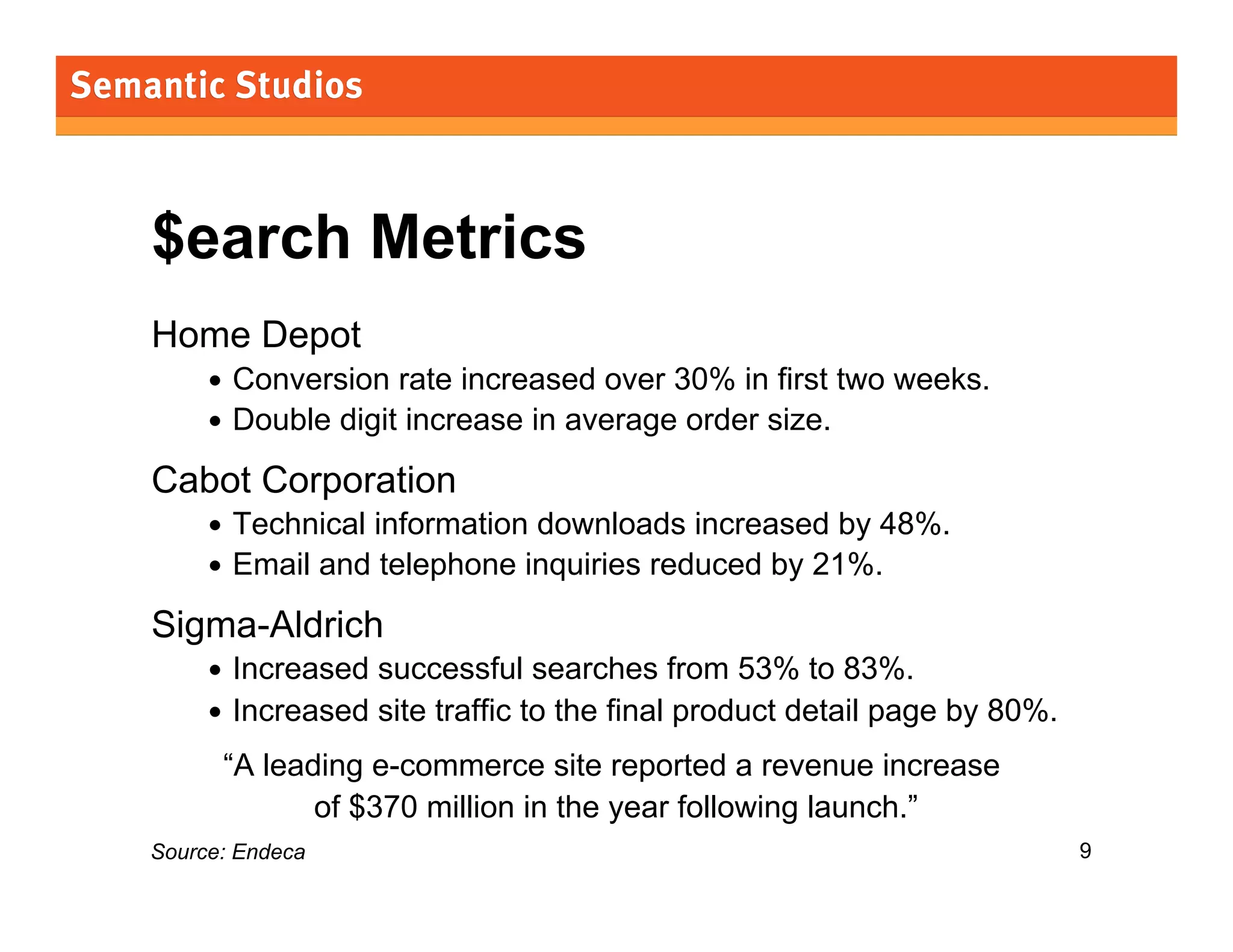 morville@semanticstudios.com




$earch Metrics
Home Depot
     • Conversion rate increased over 30% in first two weeks.
     • Double digit increase in average order size.

Cabot Corporation
     • Technical information downloads increased by 48%.
     • Email and telephone inquiries reduced by 21%.

Sigma-Aldrich
     • Increased successful searches from 53% to 83%.
     • Increased site traffic to the final product detail page by 80%.
      “A leading e-commerce site reported a revenue increase
             of $370 million in the year following launch.”
Source: Endeca                                                             9
 
