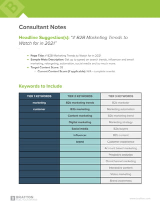 Consultant Notes
Headline Suggestion(s): “# B2B Marketing Trends to
Watch for in 2021”
.
● Page Title: # B2B Marketing Tre...