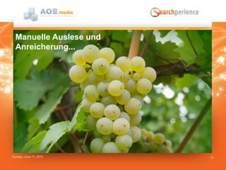 Sunday, June 17, 2012 13
Indexer Pipeline Steps
Learn from User Behaviour / Search Analytics Processing
Manuelle Auslese und
Anreicherung...
 