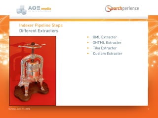 Sunday, June 17, 2012
 XML Extracter
 XHTML Extracter
 Tika Extracter
 Custom Extracter
7
Indexer Pipeline Steps
Different Extracters
 