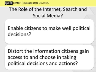The Role of the Internet, Search and
Social Media?
Enable citizens to make well political
decisions?
Distort the information citizens gain
access to and choose in taking
political decisions and actions?
 