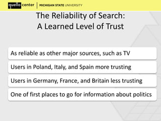 The Reliability of Search:
A Learned Level of Trust
As reliable as other major sources, such as TV
Users in Poland, Italy, and Spain more trusting
Users in Germany, France, and Britain less trusting
One of first places to go for information about politics
 