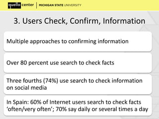 3. Users Check, Confirm, Information
Multiple approaches to confirming information
Over 80 percent use search to check facts
Three fourths (74%) use search to check information
on social media
In Spain: 60% of Internet users search to check facts
‘often/very often’; 70% say daily or several times a day
 