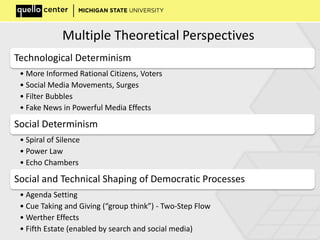 Technological Determinism
• More Informed Rational Citizens, Voters
• Social Media Movements, Surges
• Filter Bubbles
• Fake News in Powerful Media Effects
Social Determinism
• Spiral of Silence
• Power Law
• Echo Chambers
Social and Technical Shaping of Democratic Processes
• Agenda Setting
• Cue Taking and Giving (“group think”) - Two-Step Flow
• Werther Effects
• Fifth Estate (enabled by search and social media)
Multiple Theoretical Perspectives
 