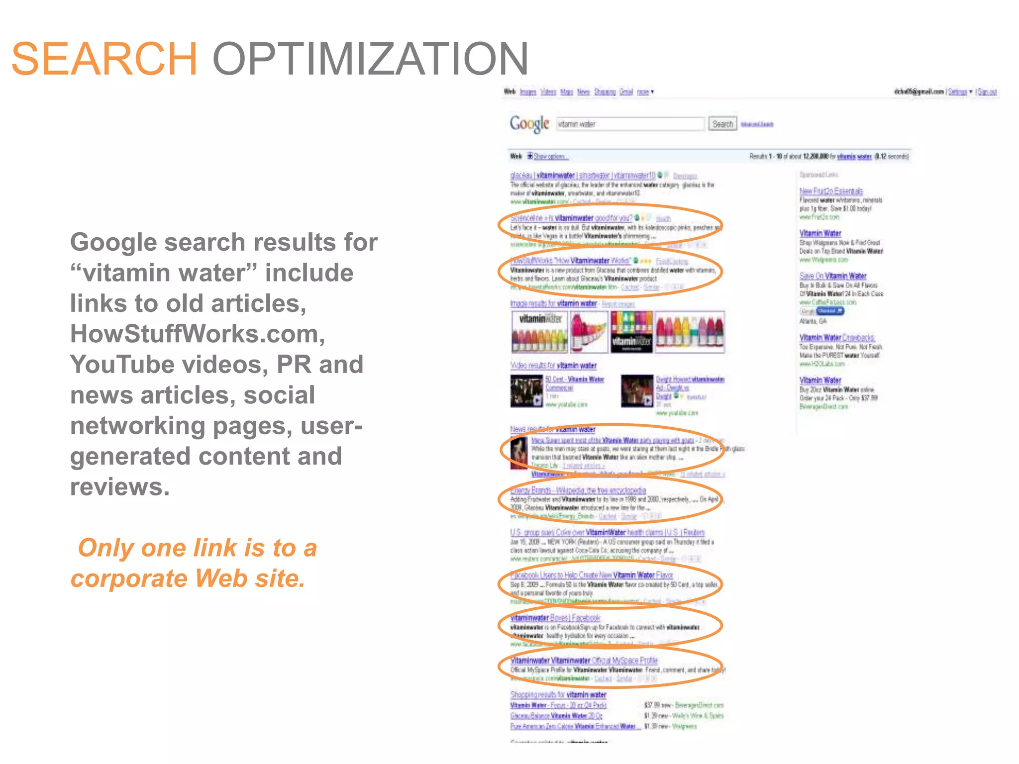 SEARCH OPTIMIZATIONGoogle search results for “vitamin water” include links to old articles, HowStuffWorks.com, YouTube videos, PR and news articles, social networking pages, user-generated content and reviews. Only one link is to a corporate Web site.