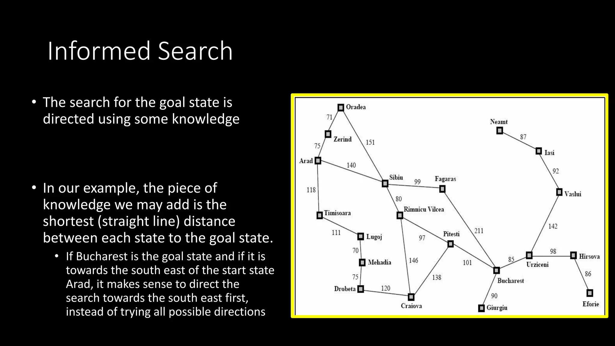 Informed Search
• The search for the goal state is
directed using some knowledge
• In our example, the piece of
knowledge we may add is the
shortest (straight line) distance
between each state to the goal state.
• If Bucharest is the goal state and if it is
towards the south east of the start state
Arad, it makes sense to direct the
search towards the south east first,
instead of trying all possible directions
 