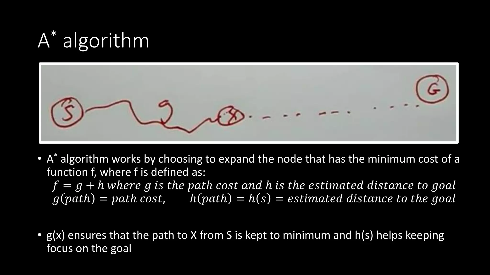A* algorithm
• A* algorithm works by choosing to expand the node that has the minimum cost of a
function f, where f is defined as:
𝑓 = 𝑔 + ℎ 𝑤ℎ𝑒𝑟𝑒 𝑔 𝑖𝑠 𝑡ℎ𝑒 𝑝𝑎𝑡ℎ 𝑐𝑜𝑠𝑡 𝑎𝑛𝑑 ℎ 𝑖𝑠 𝑡ℎ𝑒 𝑒𝑠𝑡𝑖𝑚𝑎𝑡𝑒𝑑 𝑑𝑖𝑠𝑡𝑎𝑛𝑐𝑒 𝑡𝑜 𝑔𝑜𝑎𝑙
𝑔 𝑝𝑎𝑡ℎ = 𝑝𝑎𝑡ℎ 𝑐𝑜𝑠𝑡, ℎ 𝑝𝑎𝑡ℎ = ℎ 𝑠 = 𝑒𝑠𝑡𝑖𝑚𝑎𝑡𝑒𝑑 𝑑𝑖𝑠𝑡𝑎𝑛𝑐𝑒 𝑡𝑜 𝑡ℎ𝑒 𝑔𝑜𝑎𝑙
• g(x) ensures that the path to X from S is kept to minimum and h(s) helps keeping
focus on the goal
 