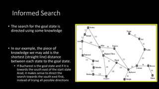 Informed Search
• The search for the goal state is
directed using some knowledge
• In our example, the piece of
knowledge we may add is the
shortest (straight line) distance
between each state to the goal state.
• If Bucharest is the goal state and if it is
towards the south east of the start state
Arad, it makes sense to direct the
search towards the south east first,
instead of trying all possible directions
 