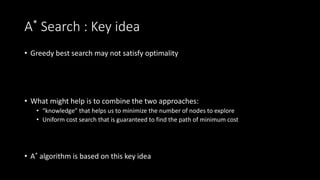 A* Search : Key idea
• Greedy best search may not satisfy optimality
• What might help is to combine the two approaches:
• “knowledge” that helps us to minimize the number of nodes to explore
• Uniform cost search that is guaranteed to find the path of minimum cost
• A* algorithm is based on this key idea
 