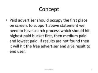 Concept Paid advertiser should occupy the first place on screen. to support above statement we need to have search process which should hit highest paid bucket first, then medium paid and lowest paid. If results are not found then it will hit the free advertiser and give result to end user. 1 Manish BOM 