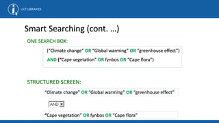 Smart Searching (cont. …)
“Climate change” OR “Global warming” OR “greenhouse effect”
“Cape vegetation” OR fynbos OR “Cape flora”
STRUCTURED SCREEN:
ONE SEARCH BOX:
(“Climate change” OR “Global warming” OR “greenhouse effect”)
AND (“Cape vegetation” OR fynbos OR “Cape flora”)
 