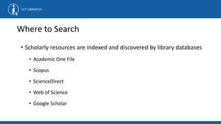Where to Search
• Scholarly resources are indexed and discovered by library databases
• Academic One File
• Scopus
• ScienceDirect
• Web of Science
• Google Scholar
 