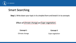 Smart Searching
Step 1. Write down your topic in its simplest form and break it in to concepts
Effect of climate change on Cape vegetation.
Concept 1
Climate change
Concept 2
Cape vegetation
 