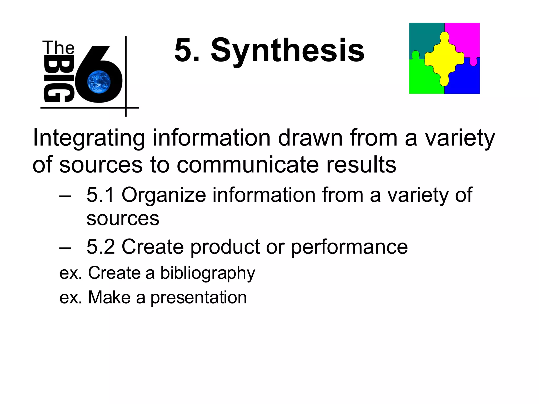 5. Synthesis Integrating information drawn from a variety of sources to communicate results 5.1 Organize information from a variety of sources 5.2 Create product or performance ex. Create a bibliography ex. Make a presentation 
