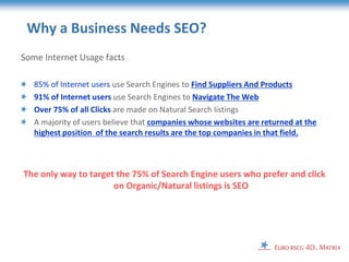 Why a Business Needs SEO?
Some Internet Usage facts

   85% of Internet users use Search Engines to Find Suppliers And Products
   91% of Internet users use Search Engines to Navigate The Web
   Over 75% of all Clicks are made on Natural Search listings
   A majority of users believe that companies whose websites are returned at the
   highest position of the search results are the top companies in that field.



The only way to target the 75% of Search Engine users who prefer and click
                      on Organic/Natural listings is SEO
 