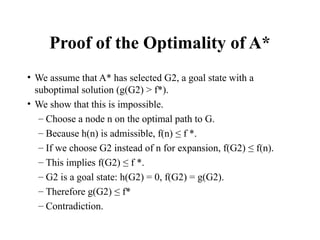 Proof of the Optimality of A*
• We assume that A* has selected G2, a goal state with a
suboptimal solution (g(G2) > f*).
• We show that this is impossible.
– Choose a node n on the optimal path to G.
– Because h(n) is admissible, f(n) ≤ f *.
– If we choose G2 instead of n for expansion, f(G2) ≤ f(n).
– This implies f(G2) ≤ f *.
– G2 is a goal state: h(G2) = 0, f(G2) = g(G2).
– Therefore g(G2) ≤ f*
– Contradiction.
 