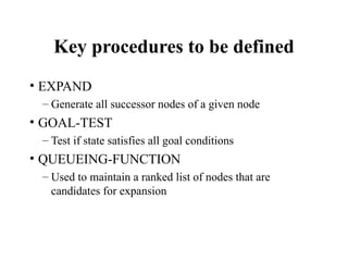 Key procedures to be defined
• EXPAND
– Generate all successor nodes of a given node
• GOAL-TEST
– Test if state satisfies all goal conditions
• QUEUEING-FUNCTION
– Used to maintain a ranked list of nodes that are
candidates for expansion
 