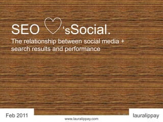 SEO      ‘sSocial.The relationship between social media + search results and performance lauralippay Feb 2011 Laura Lippay www.lauralippay.com 