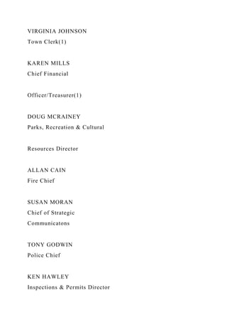 VIRGINIA JOHNSON
Town Clerk(1)
KAREN MILLS
Chief Financial
Officer/Treasurer(1)
DOUG MCRAINEY
Parks, Recreation & Cultural
Resources Director
ALLAN CAIN
Fire Chief
SUSAN MORAN
Chief of Strategic
Communicatons
TONY GODWIN
Police Chief
KEN HAWLEY
Inspections & Permits Director
 