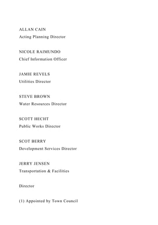 ALLAN CAIN
Acting Planning Director
NICOLE RAIMUNDO
Chief Information Officer
JAMIE REVELS
Utilities Director
STEVE BROWN
Water Resources Director
SCOTT HECHT
Public Works Director
SCOT BERRY
Development Services Director
JERRY JENSEN
Transportation & Facilities
Director
(1) Appointed by Town Council
 