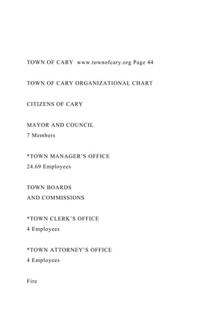 TOWN OF CARY www.townofcary.org Page 44
TOWN OF CARY ORGANIZATIONAL CHART
CITIZENS OF CARY
MAYOR AND COUNCIL
7 Members
*TOWN MANAGER’S OFFICE
24.69 Employees
TOWN BOARDS
AND COMMISSIONS
*TOWN CLERK’S OFFICE
4 Employees
*TOWN ATTORNEY’S OFFICE
4 Employees
Fire
 