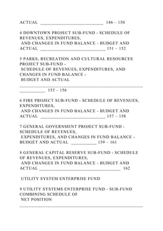 ACTUAL ___________________________ 146 – 150
4 DOWNTOWN PROJECT SUB-FUND - SCHEDULE OF
REVENUES, EXPENDITURES,
AND CHANGES IN FUND BALANCE - BUDGET AND
ACTUAL ____________________________ 151 – 152
5 PARKS, RECREATION AND CULTURAL RESOURCES
PROJECT SUB-FUND -
SCHEDULE OF REVENUES, EXPENDITURES, AND
CHANGES IN FUND BALANCE -
BUDGET AND ACTUAL
_____________________________________________________
___________ 153 – 156
6 FIRE PROJECT SUB-FUND - SCHEDULE OF REVENUES,
EXPENDITURES,
AND CHANGES IN FUND BALANCE - BUDGET AND
ACTUAL ____________________________ 157 – 158
7 GENERAL GOVERNMENT PROJECT SUB-FUND -
SCHEDULE OF REVENUES,
EXPENDITURES, AND CHANGES IN FUND BALANCE -
BUDGET AND ACTUAL ___________ 159 – 161
8 GENERAL CAPITAL RESERVE SUB-FUND - SCHEDULE
OF REVENUES, EXPENDITURES,
AND CHANGES IN FUND BALANCE - BUDGET AND
ACTUAL ___________________________________ 162
UTILITY SYSTEM ENTERPRISE FUND
9 UTILITY SYSTEMS ENTERPRISE FUND - SUB-FUND
COMBINING SCHEDULE OF
NET POSITION
_____________________________________________________
 