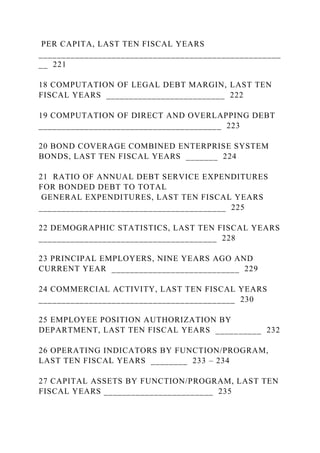 PER CAPITA, LAST TEN FISCAL YEARS
_____________________________________________________
__ 221
18 COMPUTATION OF LEGAL DEBT MARGIN, LAST TEN
FISCAL YEARS __________________________ 222
19 COMPUTATION OF DIRECT AND OVERLAPPING DEBT
________________________________________ 223
20 BOND COVERAGE COMBINED ENTERPRISE SYSTEM
BONDS, LAST TEN FISCAL YEARS _______ 224
21 RATIO OF ANNUAL DEBT SERVICE EXPENDITURES
FOR BONDED DEBT TO TOTAL
GENERAL EXPENDITURES, LAST TEN FISCAL YEARS
_________________________________________ 225
22 DEMOGRAPHIC STATISTICS, LAST TEN FISCAL YEARS
_______________________________________ 228
23 PRINCIPAL EMPLOYERS, NINE YEARS AGO AND
CURRENT YEAR ____________________________ 229
24 COMMERCIAL ACTIVITY, LAST TEN FISCAL YEARS
___________________________________________ 230
25 EMPLOYEE POSITION AUTHORIZATION BY
DEPARTMENT, LAST TEN FISCAL YEARS __________ 232
26 OPERATING INDICATORS BY FUNCTION/PROGRAM,
LAST TEN FISCAL YEARS ________ 233 – 234
27 CAPITAL ASSETS BY FUNCTION/PROGRAM, LAST TEN
FISCAL YEARS ________________________ 235
 