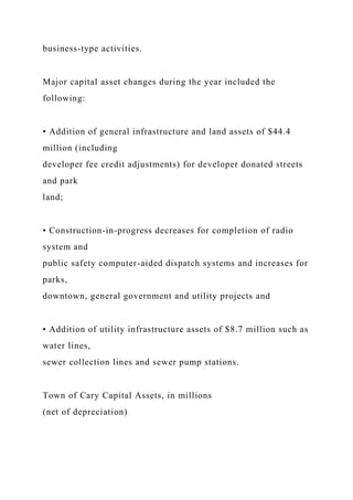 business-type activities.
Major capital asset changes during the year included the
following:
• Addition of general infrastructure and land assets of $44.4
million (including
developer fee credit adjustments) for developer donated streets
and park
land;
• Construction-in-progress decreases for completion of radio
system and
public safety computer-aided dispatch systems and increases for
parks,
downtown, general government and utility projects and
• Addition of utility infrastructure assets of $8.7 million such as
water lines,
sewer collection lines and sewer pump stations.
Town of Cary Capital Assets, in millions
(net of depreciation)
 