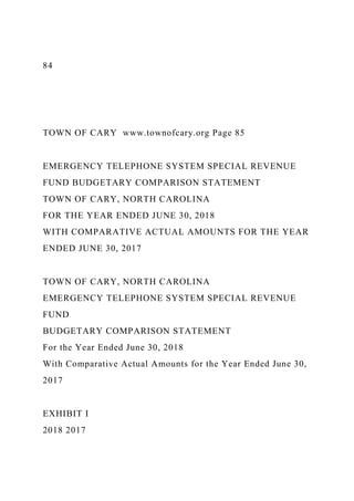84
TOWN OF CARY www.townofcary.org Page 85
EMERGENCY TELEPHONE SYSTEM SPECIAL REVENUE
FUND BUDGETARY COMPARISON STATEMENT
TOWN OF CARY, NORTH CAROLINA
FOR THE YEAR ENDED JUNE 30, 2018
WITH COMPARATIVE ACTUAL AMOUNTS FOR THE YEAR
ENDED JUNE 30, 2017
TOWN OF CARY, NORTH CAROLINA
EMERGENCY TELEPHONE SYSTEM SPECIAL REVENUE
FUND
BUDGETARY COMPARISON STATEMENT
For the Year Ended June 30, 2018
With Comparative Actual Amounts for the Year Ended June 30,
2017
EXHIBIT I
2018 2017
 