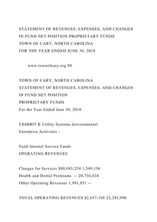 STATEMENT OF REVENUES, EXPENSES, AND CHANGES
IN FUND NET POSITION PROPRIETARY FUNDS
TOWN OF CARY, NORTH CAROLINA
FOR THE YEAR ENDED JUNE 30, 2018
www.townofcary.org 90
TOWN OF CARY, NORTH CAROLINA
STATEMENT OF REVENUES, EXPENSES, AND CHANGES
IN FUND NET POSITION
PROPRIETARY FUNDS
For the Year Ended June 30, 2018
EXHIBIT K Utility Systems Governmental
Enterprise Activities -
Fund Internal Service Funds
OPERATING REVENUES
Charges for Services $80,045,254 1,549,156
Health and Dental Premiums -- 20,736,834
Other Operating Revenues 1,991,851 --
TOTAL OPERATING REVENUES 82,037,105 22,285,990
 