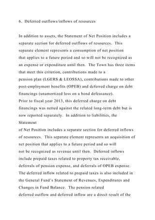 6. Deferred outflows/inflows of resources
In addition to assets, the Statement of Net Position includes a
separate section for deferred outflows of resources. This
separate element represents a consumption of net position
that applies to a future period and so will not be recognized as
an expense or expenditure until then. The Town has three items
that meet this criterion, contributions made to a
pension plan (LGERS & LEOSSA), contributions made to other
post-employment benefits (OPEB) and deferred charge on debt
financings (unamortized loss on a bond defeasance).
Prior to fiscal year 2013, this deferred charge on debt
financings was netted against the related long-term debt but is
now reported separately. In addition to liabilities, the
Statement
of Net Position includes a separate section for deferred inflows
of resources. This separate element represents an acquisition of
net position that applies to a future period and so will
not be recognized as revenue until then. Deferred inflows
include prepaid taxes related to property tax receivable,
deferrals of pension expense, and deferrals of OPEB expense.
The deferred inflow related to prepaid taxes is also included in
the General Fund’s Statement of Revenues, Expenditures and
Changes in Fund Balance. The pension related
deferred outflow and deferred inflow are a direct result of the
 