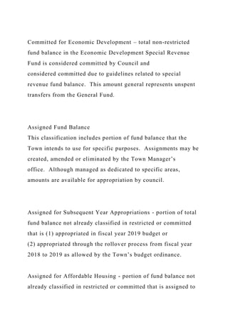 Committed for Economic Development – total non-restricted
fund balance in the Economic Development Special Revenue
Fund is considered committed by Council and
considered committed due to guidelines related to special
revenue fund balance. This amount general represents unspent
transfers from the General Fund.
Assigned Fund Balance
This classification includes portion of fund balance that the
Town intends to use for specific purposes. Assignments may be
created, amended or eliminated by the Town Manager’s
office. Although managed as dedicated to specific areas,
amounts are available for appropriation by council.
Assigned for Subsequent Year Appropriations - portion of total
fund balance not already classified in restricted or committed
that is (1) appropriated in fiscal year 2019 budget or
(2) appropriated through the rollover process from fiscal year
2018 to 2019 as allowed by the Town’s budget ordinance.
Assigned for Affordable Housing - portion of fund balance not
already classified in restricted or committed that is assigned to
 