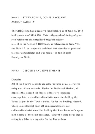 Note 2 STEWARDSHIP, COMPLIANCE AND
ACCOUNTABILITY
The CDBG fund has a negative fund balance as of June 30, 2018
in the amount of $116,820. This is the result of timing of grant
reimbursement and unrealized program income
related to the Section 8 HUD loan, as referenced in Note 9.G.
and Note 17. A temporary cash loan was recorded at year end
to cover expenditures and was paid off in full in early
fiscal year 2019.
Note 3 DEPOSITS AND INVESTMENTS
Deposits
All of the Town’s deposits are either insured or collateralized
using one of two methods. Under the Dedicated Method, all
deposits that exceed the federal depository insurance
coverage level are collateralized with securities held by the
Town’s agent in the Town’s name. Under the Pooling Method,
which is a collateral pool, all uninsured deposits are
collateralized with securities held by the State Treasurer's agent
in the name of the State Treasurer. Since the State Treas urer is
acting in a fiduciary capacity for the Town, these
 