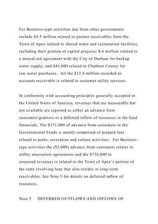 For Business-type activities due from other governments
include $4.5 million related to partner receivables from the
Town of Apex related to shared water and reclamation facilities,
including their portion of capital projects; $.6 million related to
a mutual aid agreement with the City of Durham for backup
water supply; and $41,000 related to Chatham County for
raw water purchases. All the $12.4 million recorded as
accounts receivable is related to customer utility services.
In conformity with accounting principles generally accepted in
the United States of America, revenues that are measurable but
not available are reported as either an advance from
customers/grantors or a deferred inflow of resources in the fund
financials. The $171,000 of advance from customers in the
Governmental Funds is mostly comprised of prepaid fees
related to parks, recreation and culture activities. For Business-
type activities the ($3,000) advance from customers relates to
utility annexation agreements and the $756,000 in
unearned revenues is related to the Town of Apex’s portion of
the state revolving loan that also resides in long-term
receivables. See Note 5 for details on deferred inflow of
resources.
Note 5 DEFERRED OUTFLOWS AND INFLOWS OF
 