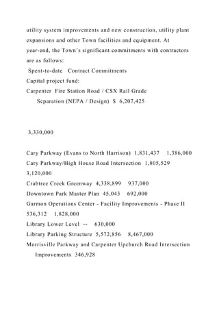 utility system improvements and new construction, utility plant
expansions and other Town facilities and equipment. At
year-end, the Town’s significant commitments with contractors
are as follows:
Spent-to-date Contract Commitments
Capital project fund:
Carpenter Fire Station Road / CSX Rail Grade
Separation (NEPA / Design) $ 6,207,425
3,330,000
Cary Parkway (Evans to North Harrison) 1,831,437 1,386,000
Cary Parkway/High House Road Intersection 1,805,529
3,120,000
Crabtree Creek Greenway 4,338,899 937,000
Downtown Park Master Plan 45,043 692,000
Garmon Operations Center - Facility Improvements - Phase II
536,312 1,828,000
Library Lower Level -- 630,000
Library Parking Structure 5,572,856 8,467,000
Morrisville Parkway and Carpenter Upchurch Road Intersection
Improvements 346,928
 