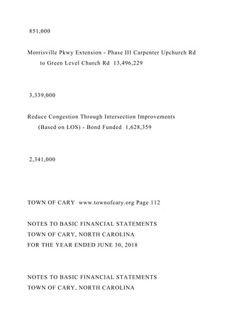 851,000
Morrisville Pkwy Extension - Phase III Carpenter Upchurch Rd
to Green Level Church Rd 13,496,229
3,339,000
Reduce Congestion Through Intersection Improvements
(Based on LOS) - Bond Funded 1,628,359
2,341,000
TOWN OF CARY www.townofcary.org Page 112
NOTES TO BASIC FINANCIAL STATEMENTS
TOWN OF CARY, NORTH CAROLINA
FOR THE YEAR ENDED JUNE 30, 2018
NOTES TO BASIC FINANCIAL STATEMENTS
TOWN OF CARY, NORTH CAROLINA
 